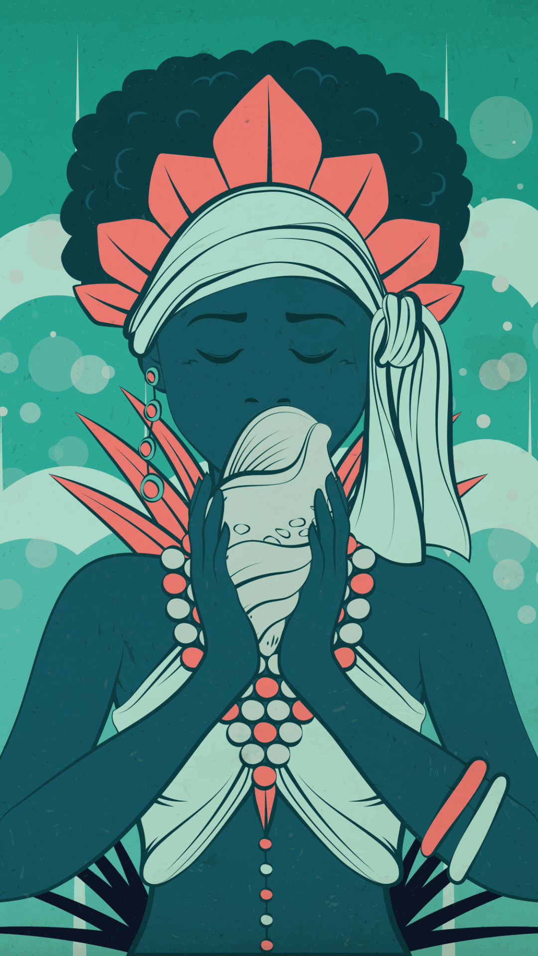 Illustration d'une figure en posture de recueillement, parure de cauris et de corail